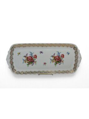 Antique Limoges France Porcelain Rectangular Tray Pink Roses Gilt 15"
